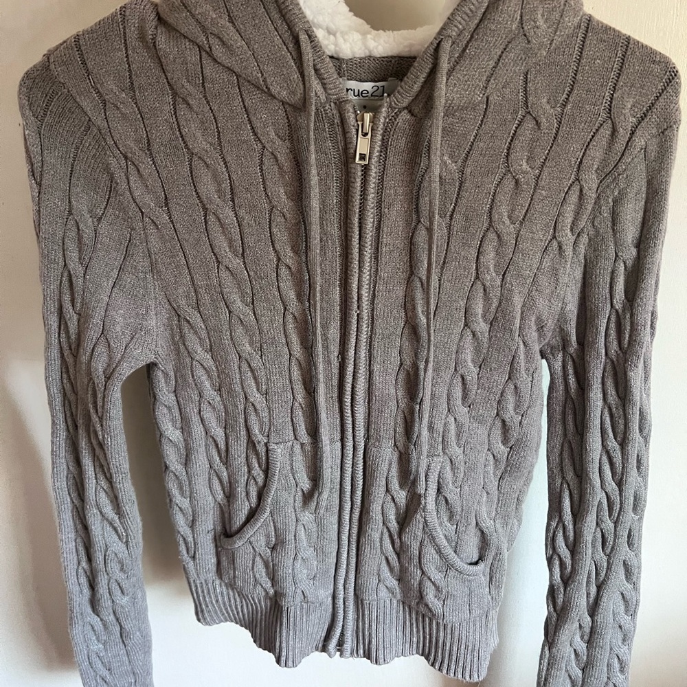 Rue21 Light Gray Cable-Knit Zip Hoodie